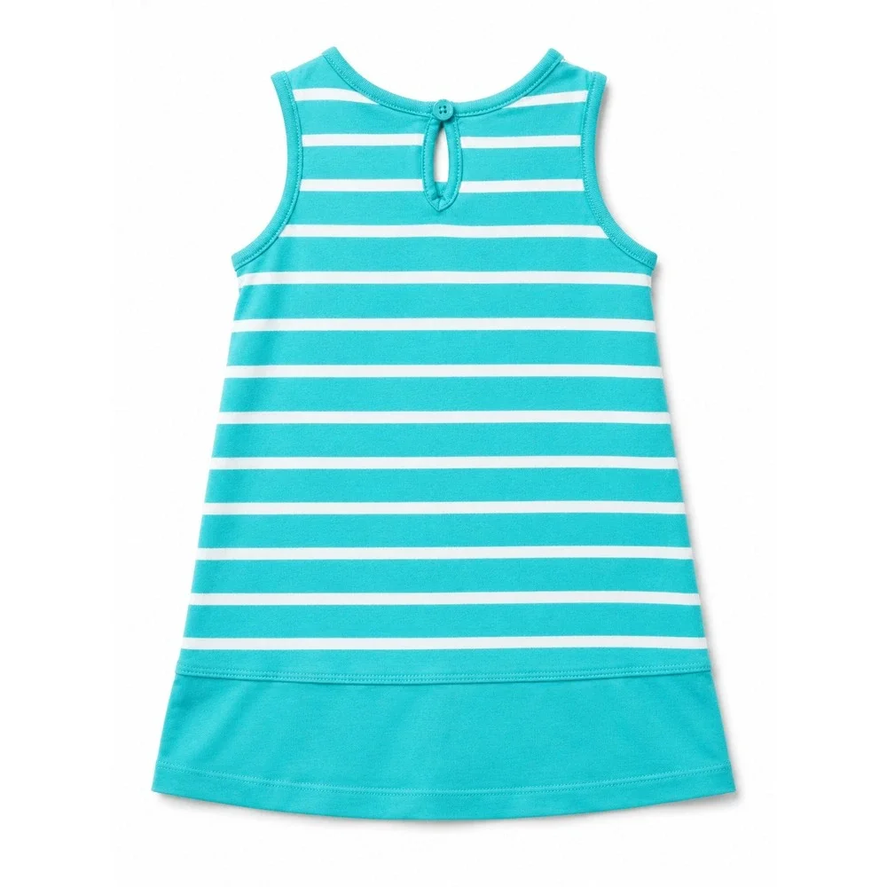 Hanna Andersson Girls Turquoise White Striped Crochet Lace Collar Dress 100 4T